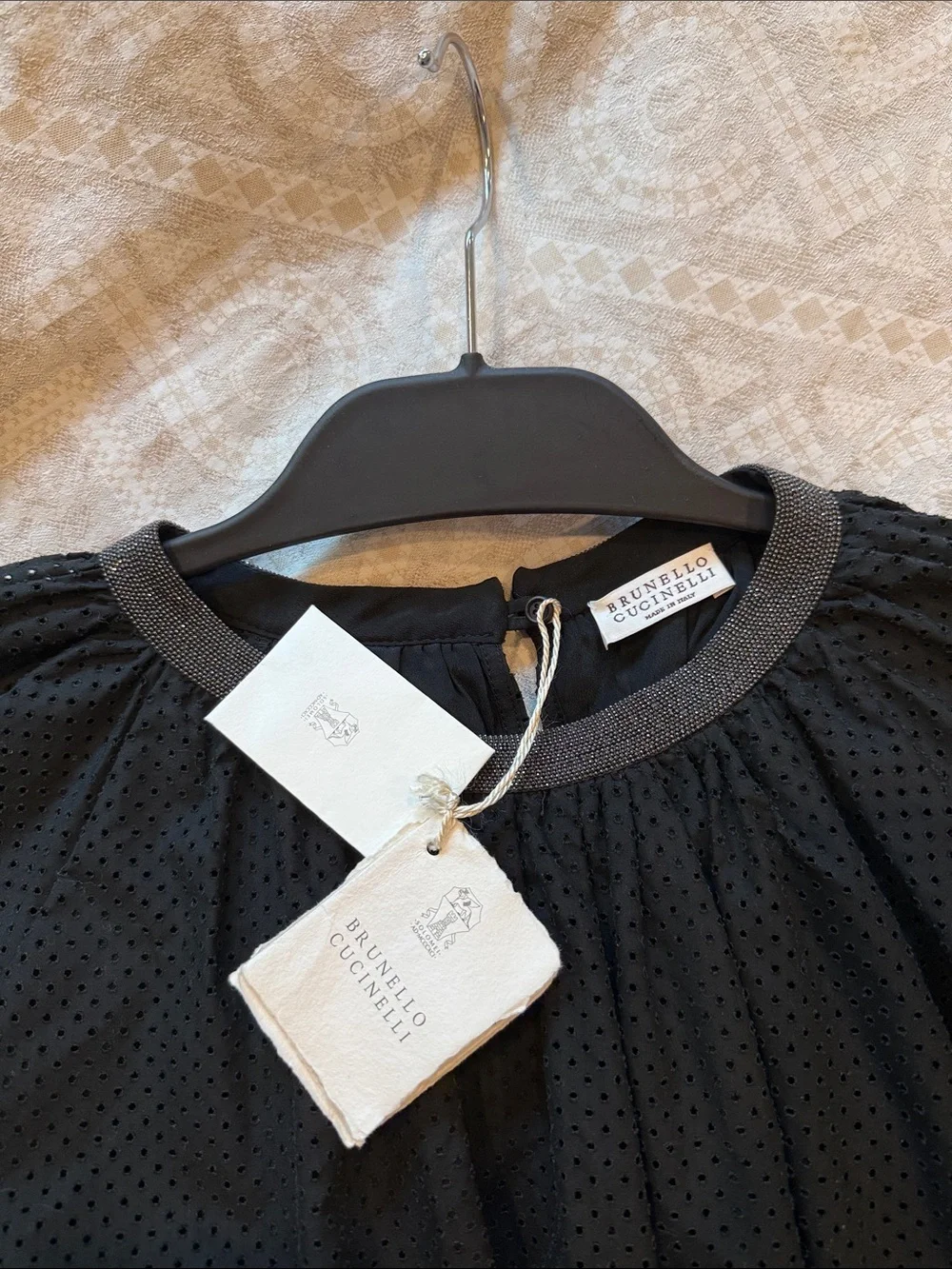 Brunello Cucinelli Black Eyelet Peasant Blouse with Silver Trim